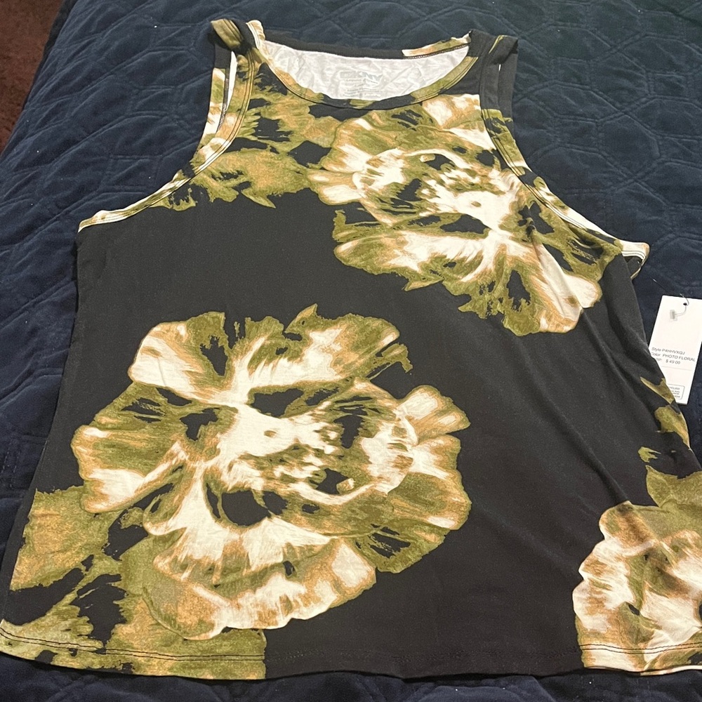DKNY Black and Green Floral Tank Top
